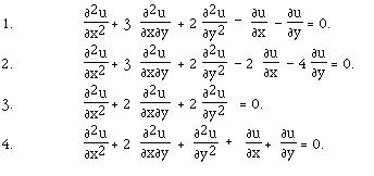 1. 		 F([[partialdiff]]<sup>2</sup>u,[[partialdiff]]x<sup>2</sup>) + 3
<sup> </sup>F([[partialdiff]]<sup>2</sup>u,[[partialdiff]]x[[partialdiff]]y)  +
2 F([[partialdiff]]<sup>2</sup>u,[[partialdiff]]y<sup>2</sup>)<sup>  -
</sup>F([[partialdiff]]u,[[partialdiff]]x)  -
F([[partialdiff]]u,[[partialdiff]]y) = 0.
<b>XVI.2</b>.   
F([[partialdiff]]<sup>2</sup>u,[[partialdiff]]x<sup>2</sup>) + 3 <sup>
</sup>F([[partialdiff]]<sup>2</sup>u,[[partialdiff]]x[[partialdiff]]y)  + 2
F([[partialdiff]]<sup>2</sup>u,[[partialdiff]]y<sup>2</sup>)  - 2
F([[partialdiff]]u,[[partialdiff]]x)  - 4 F([[partialdiff]]u,[[partialdiff]]y)
= 0.
<b>XVI.3</b>.   
 F([[partialdiff]]<sup>2</sup>u,[[partialdiff]]x<sup>2</sup>) + 2 <sup>
</sup>F([[partialdiff]]<sup>2</sup>u,[[partialdiff]]x[[partialdiff]]y)  + 2
F([[partialdiff]]<sup>2</sup>u,[[partialdiff]]y<sup>2</sup>)<sup>   </sup>=
0.
<b>XVI.4</b>.   
F([[partialdiff]]<sup>2</sup>u,[[partialdiff]]x<sup>2</sup>) + 2 <sup>
</sup>F([[partialdiff]]<sup>2</sup>u,[[partialdiff]]x[[partialdiff]]y)  +
F([[partialdiff]]<sup>2</sup>u,[[partialdiff]]y<sup>2</sup>)<sup>  +
</sup>F([[partialdiff]]u,[[partialdiff]]x) +
F([[partialdiff]]u,[[partialdiff]]y) = 0.