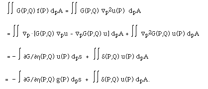 Integral G(<b>P</b>,
<b>Q</b>) f(P) dpA = Integral  G(P,Q) --p<sup>2</sup>u(P)
dpA
   =  Integral --p.[G(P,Q) --pu - --pG(P,Q) u] dpA + Integral 
--p<sup>2</sup>G(P,Q) u(P) dpA
   = -  Integral [[partialdiff]]G/[[partialdiff]][[eta]](P,Q) u(P) dps  +
 Integral d(P,Q) u(P) dpA
  =  -  Integral [[partialdiff]]G/[[partialdiff]][[eta]](P,Q) g(P) dps  +
 Integral d(P,Q) u(P) dpA.